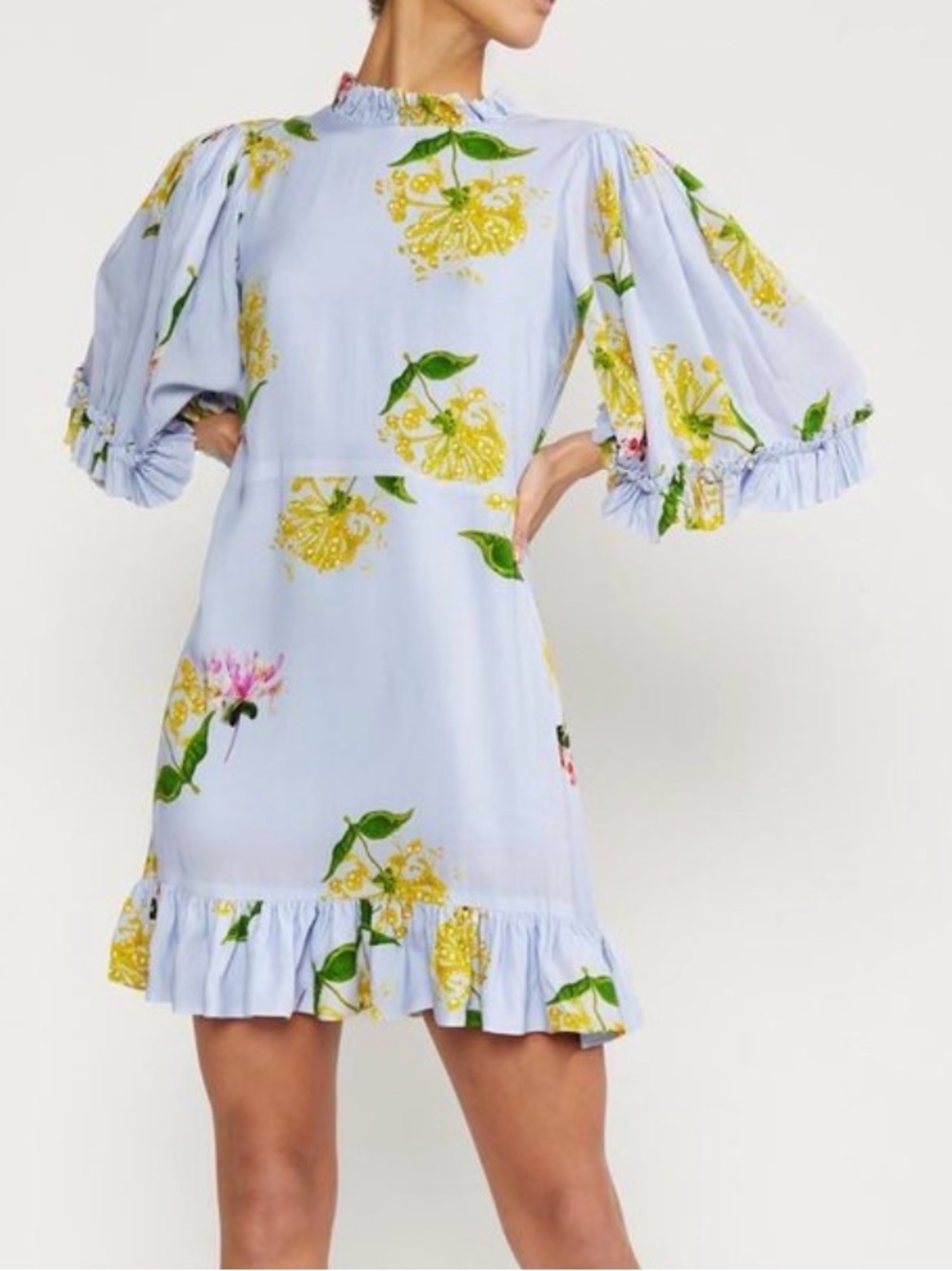 CYNTHIA ROWLEY TAYLA RUFFLE MINI DRESS BLUE YELLOW FLORAL PRINT PUFF SLEEVE SZ 8